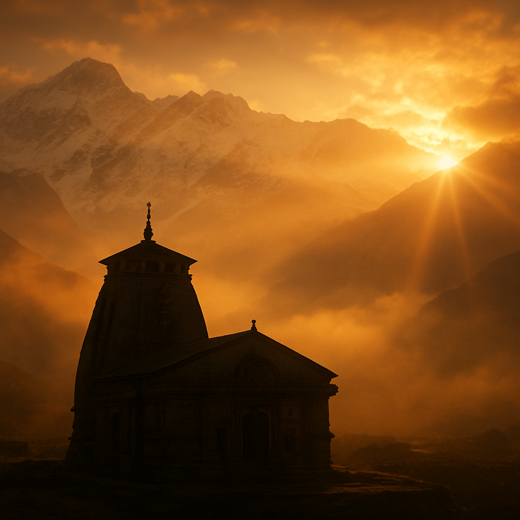 Kedarnath temple against the Himalayan peaks at sunrise